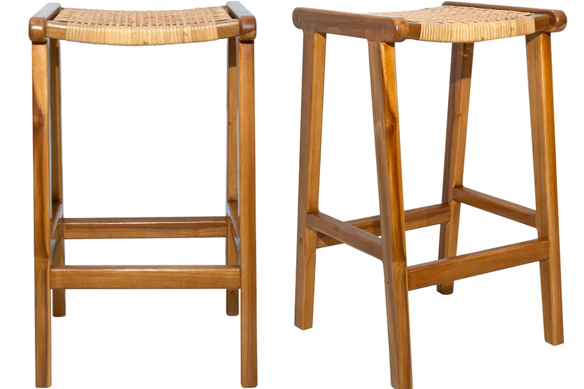 Miliboo Barhocker aus massivem Teakholz und Rattangeflecht H65 cm (2er-Set) GAWA* Barhocker