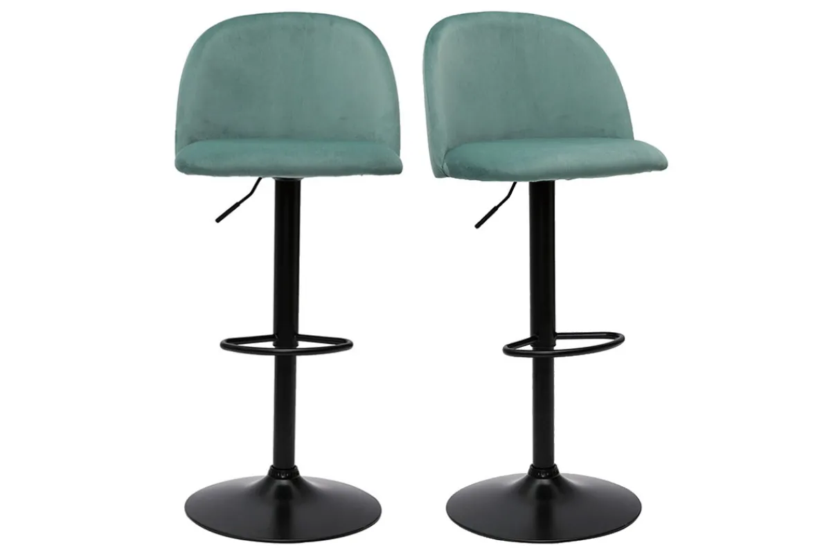 Miliboo Barhocker höhenverstellbar aus hellgrünem Samt und schwarzem Metall (2er-Set) CELESTE* Barhocker