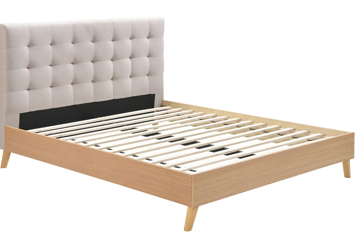 Miliboo Bett für Erwachsene Skandinavisch Holz und Stoff Beige 160 x 200 cm LYNN* Betten Für Erwachsene
