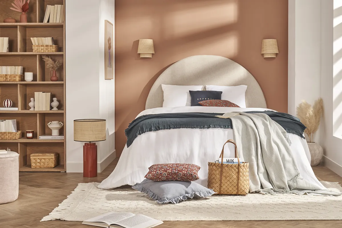 Miliboo Bettkopfteil rund B160 cm beiger Stoff NAOMY* Bett-kopfteile