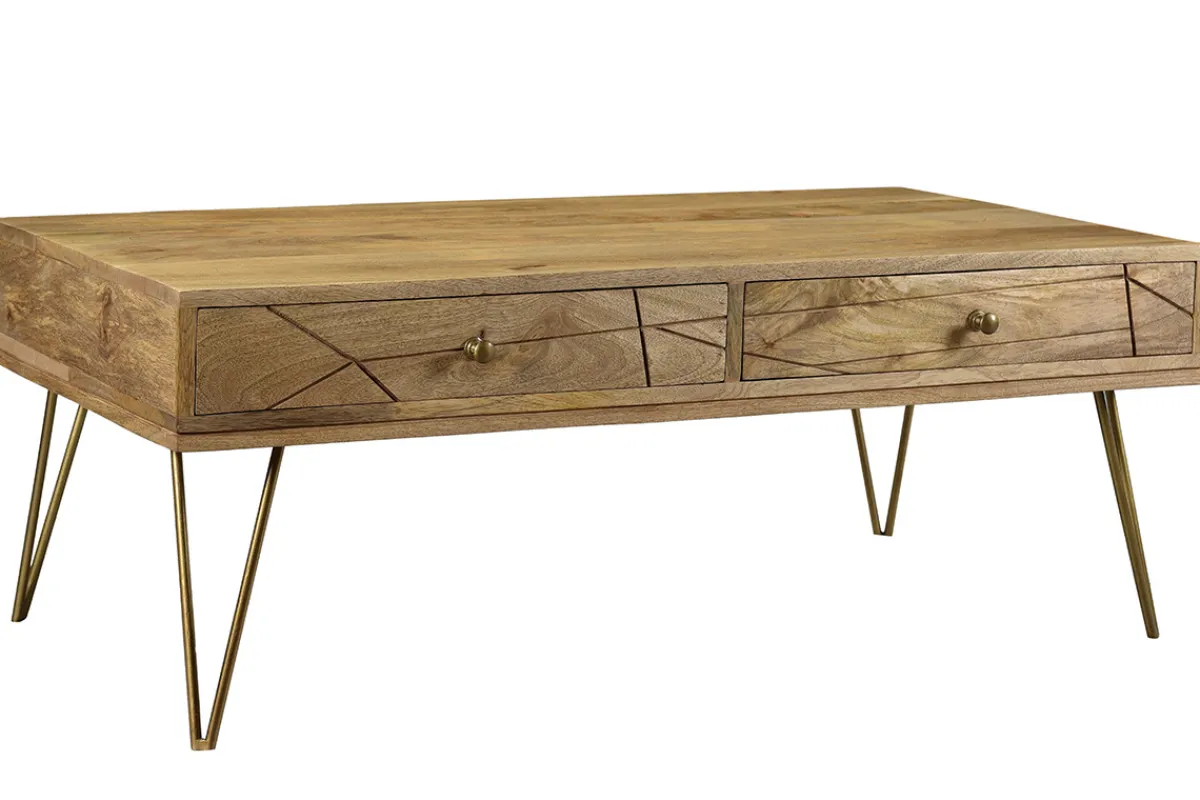 Miliboo Couchtisch graviert aus Mangoholz und vergoldetem Metall LINIUM* Couchtische