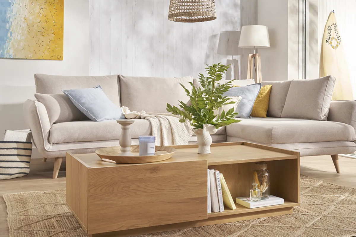 Miliboo Couchtisch mit Ablagefächern in hellem Holzfinish Eiche 2 Schubladen L120 cm MADERO* Couchtische