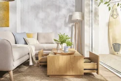 Miliboo Couchtisch mit Ablagefächern in hellem Holzfinish Eiche 2 Schubladen L120 cm MADERO* Couchtische
