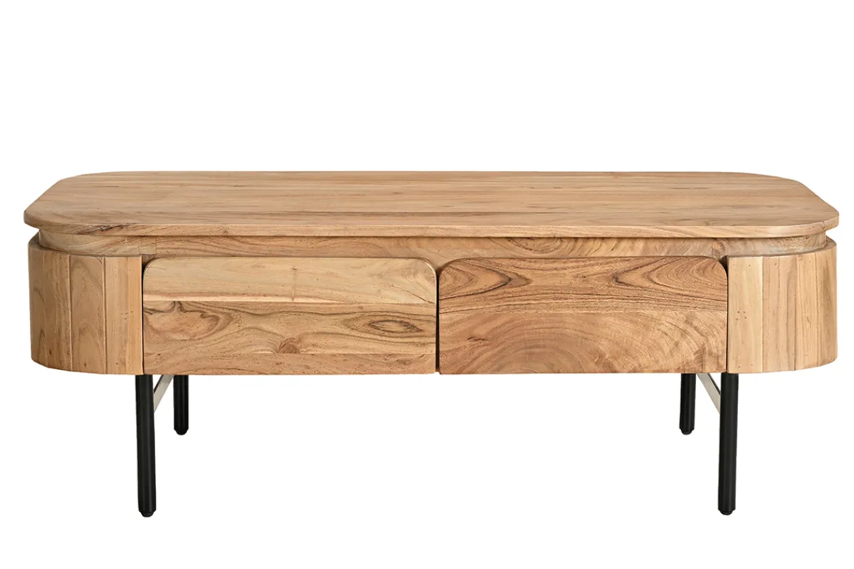 Miliboo Couchtisch mit Ablagefächern aus Massivholz und schwarzem Metall 4 Schubladen B115 cm NAPOLI* Couchtische