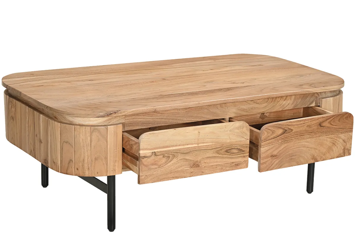 Miliboo Couchtisch mit Ablagefächern aus Massivholz und schwarzem Metall 4 Schubladen B115 cm NAPOLI* Couchtische