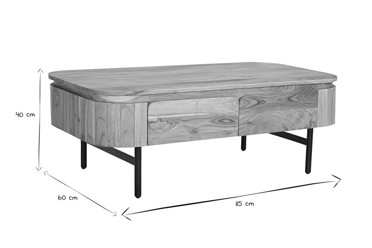 Miliboo Couchtisch mit Ablagefächern aus Massivholz und schwarzem Metall 4 Schubladen B115 cm NAPOLI* Couchtische