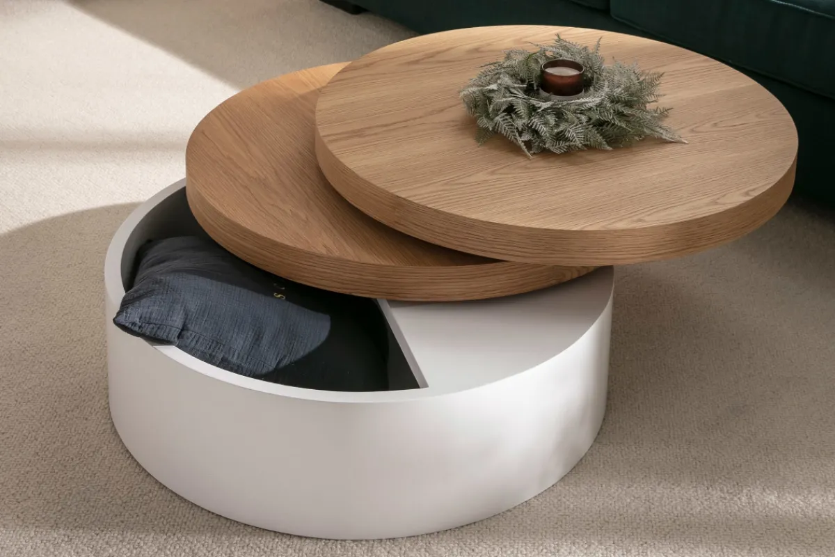 Miliboo Couchtisch mit drehbaren Tischplatten und Staufläche Weiß und Holz ICON* Couchtische
