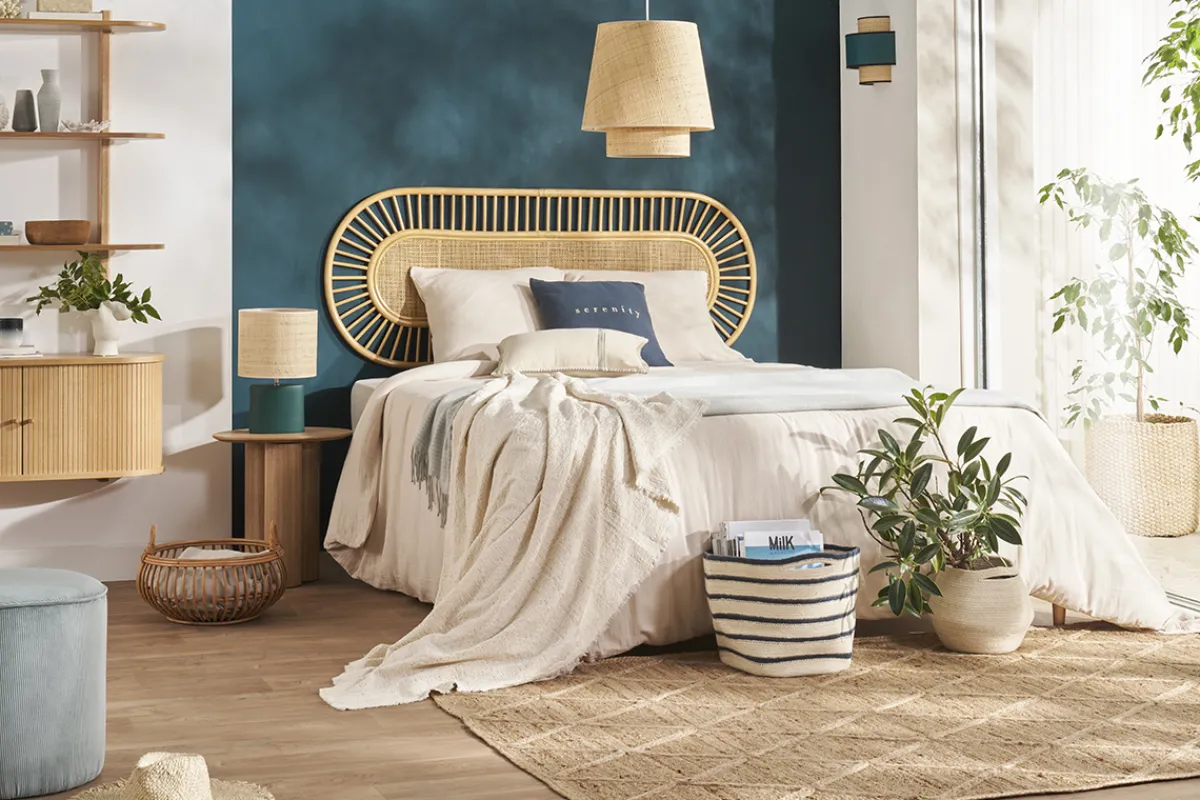Miliboo Dekoratives Bettkopfteil aus naturfarbenem Rattan und Rohrgeflecht B165 cm BOW* Bett-kopfteile