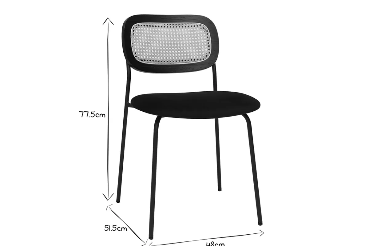 Miliboo Design Stühle aus schwarzem Samt, schwarzem Metall und Rattan-Geflecht (Set von 2) MIRANDA* Design-stühle