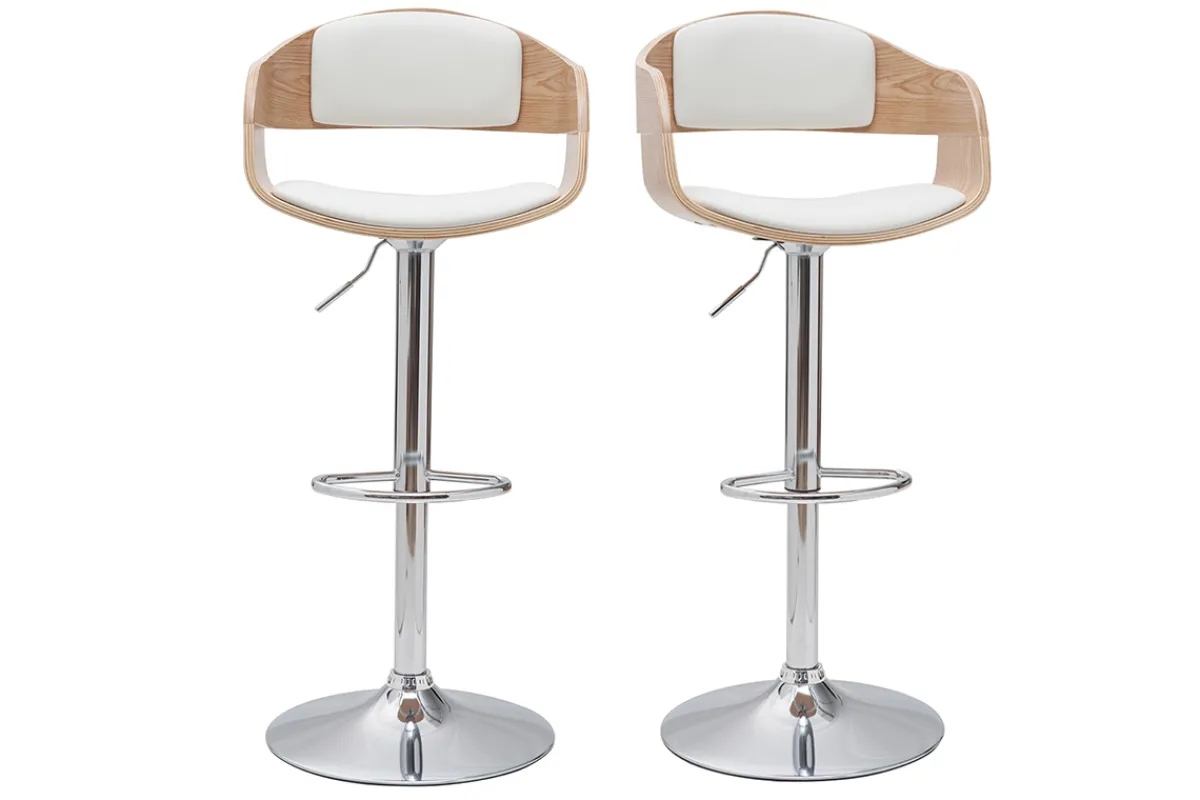 Miliboo Design-Barhocker höhenverstellbar aus weißem Polyurethan und hellem Holz (2er-Set) EUSTACHE* Barhocker