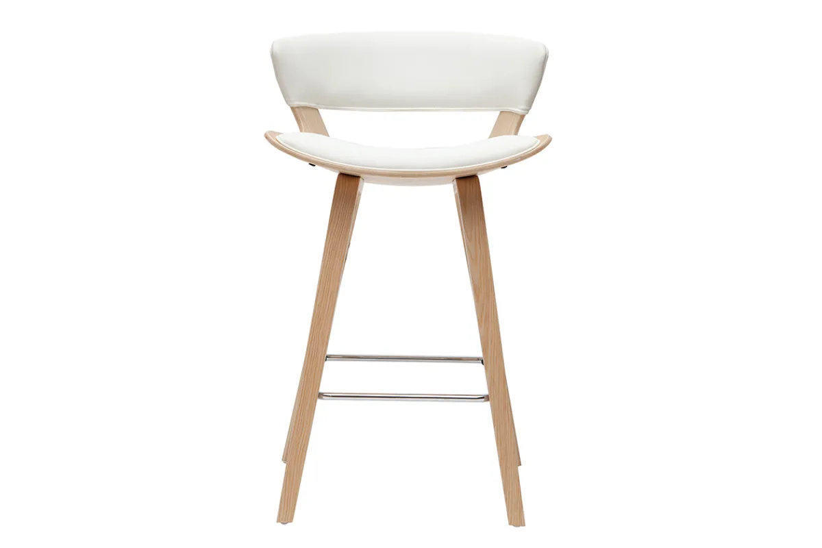 Miliboo Design-Barhocker höhenverstellbar weiß und helles Holz H65 cm SYRAH* Barhocker
