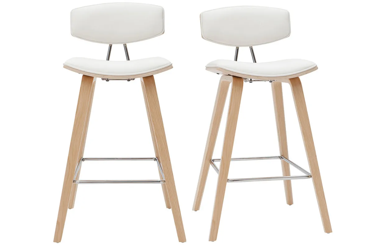 Miliboo Design-Barhocker weiß mit hellem Holz H 69 cm (Zweierset) VASCO* Barhocker