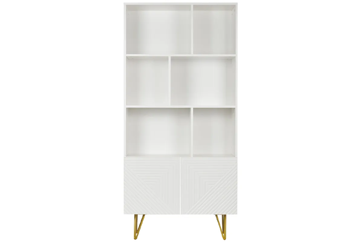 Miliboo Design-Bücherregal graviert matt weiß und goldfarbenes Metall 2 Türen B86 cm OZEN* Bücherregale|Bücherregale