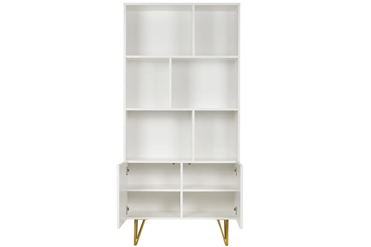 Miliboo Design-Bücherregal graviert matt weiß und goldfarbenes Metall 2 Türen B86 cm OZEN* Bücherregale|Bücherregale