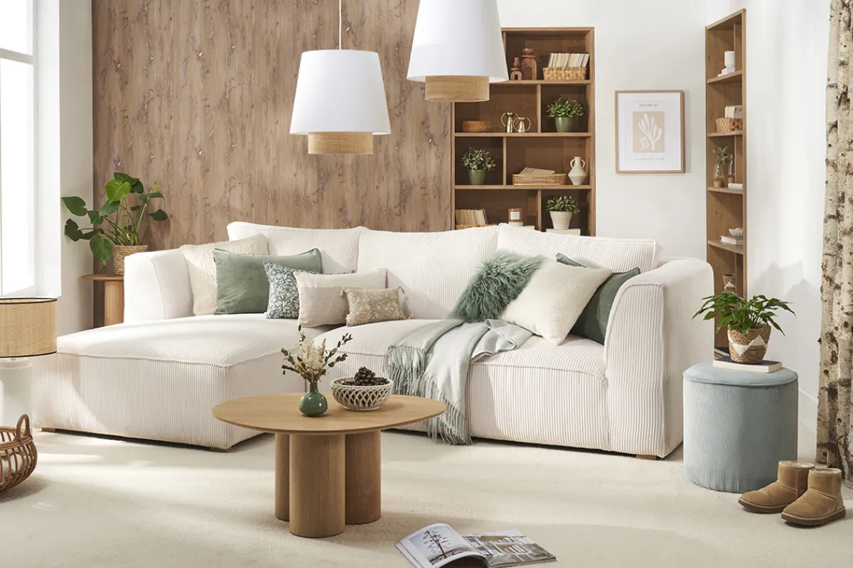 Miliboo Design-Ecksofa linksseitig aus écrufarbenem Cordstoff mit Samteffekt 3-4 Sitzer PANAM* Ecksofas