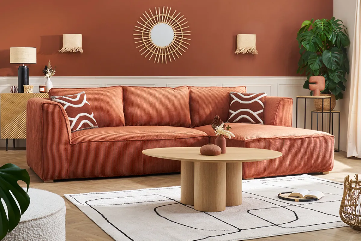 Miliboo Design-Ecksofa rechtseitig aus écrufarbenem Cordstoff aus Samteffekt 3-4 Sitzer PANAM* Ecksofas