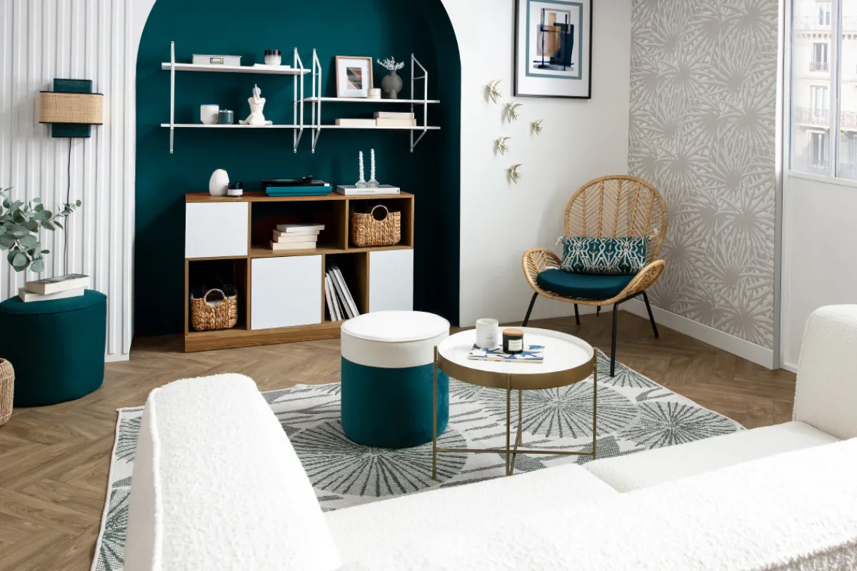 Miliboo Designer-Hocker aus cremeweißem und pfauenblauem Samt D 40 cm DAISY* Sitzsäcke|Sitzsäcke