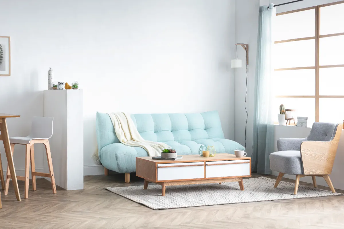 Miliboo Design-Schlafsofa skandinavisch Grün und Eiche YUMI* Schlafsofas