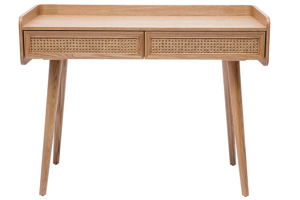 Miliboo Designschreibtisch mit 2 Schubladen aus hellem Holz und Rattan-Geflecht L105 cm ELSY* Design-schreibtische