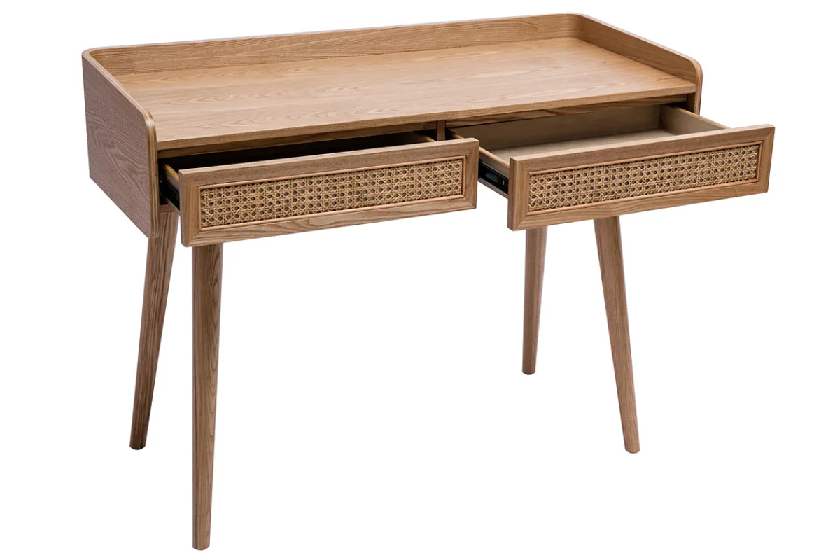 Miliboo Designschreibtisch mit 2 Schubladen aus hellem Holz und Rattan-Geflecht L105 cm ELSY* Design-schreibtische