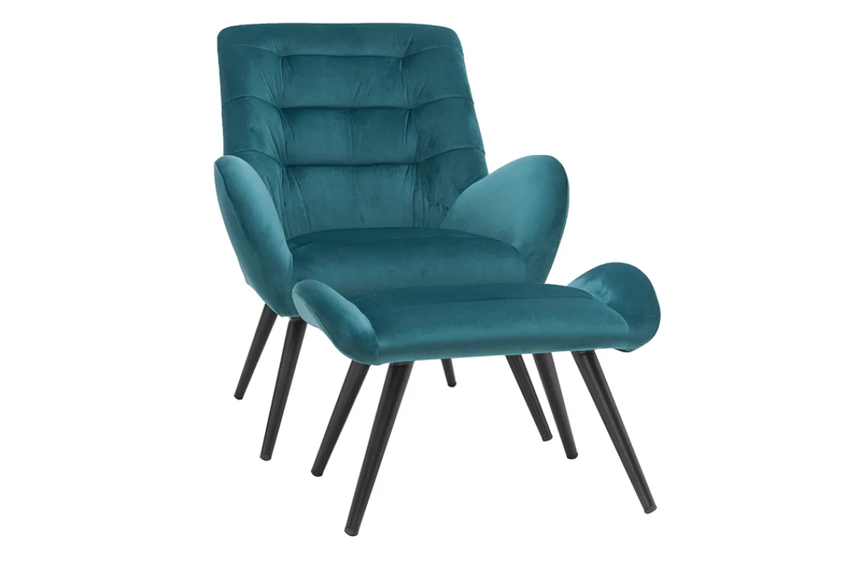 Miliboo Design-Sessel und Fußstütze aus petrolfarbenem Stoff ZOE* Design-sessel|Sessel