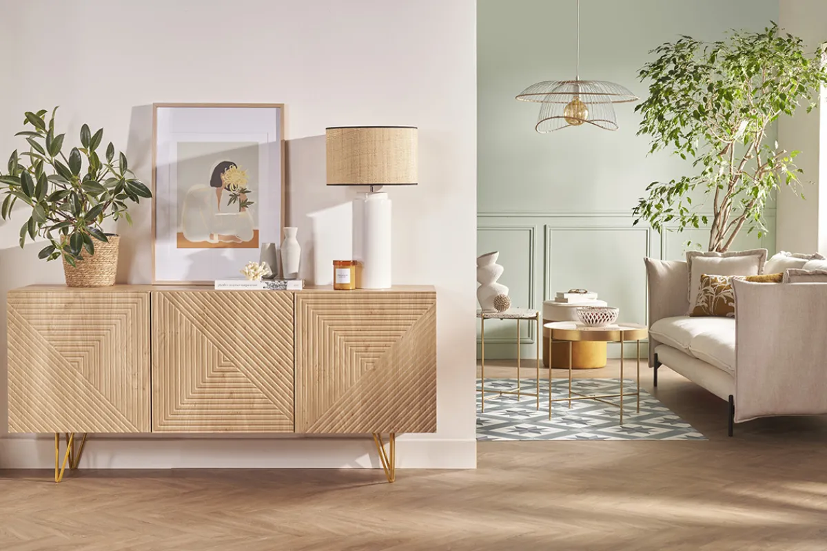 Miliboo Design-Sideboard aus hellem Eichenholz-Finish und goldfarbenem Metall mit 3 Türen B160 cm OZEN* Sideboards