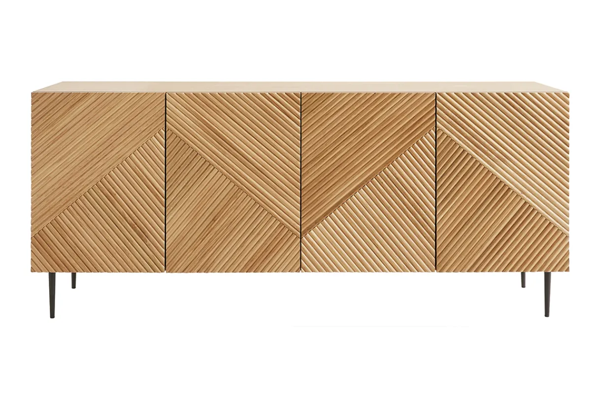 Miliboo Design-Sideboard aus hellem, massiver Eiche mit Gravur und schwarzem Metall, 4 Türen, B180 cm ARCHIPEL* Sideboards