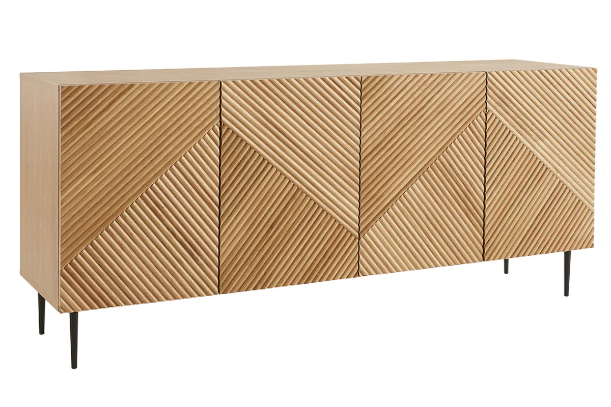 Miliboo Design-Sideboard aus hellem, massiver Eiche mit Gravur und schwarzem Metall, 4 Türen, B180 cm ARCHIPEL* Sideboards