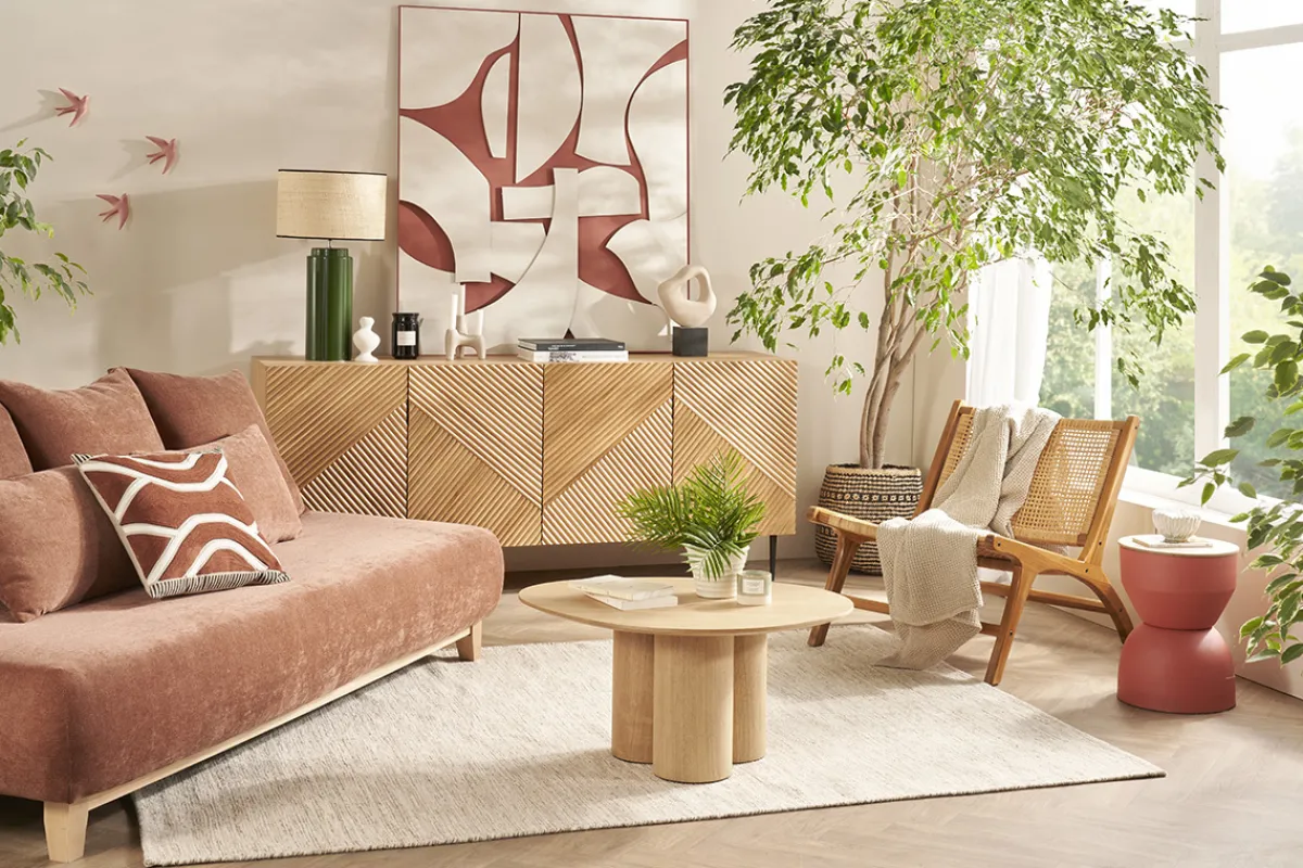 Miliboo Design-Sideboard aus hellem, massiver Eiche mit Gravur und schwarzem Metall, 4 Türen, B180 cm ARCHIPEL* Sideboards
