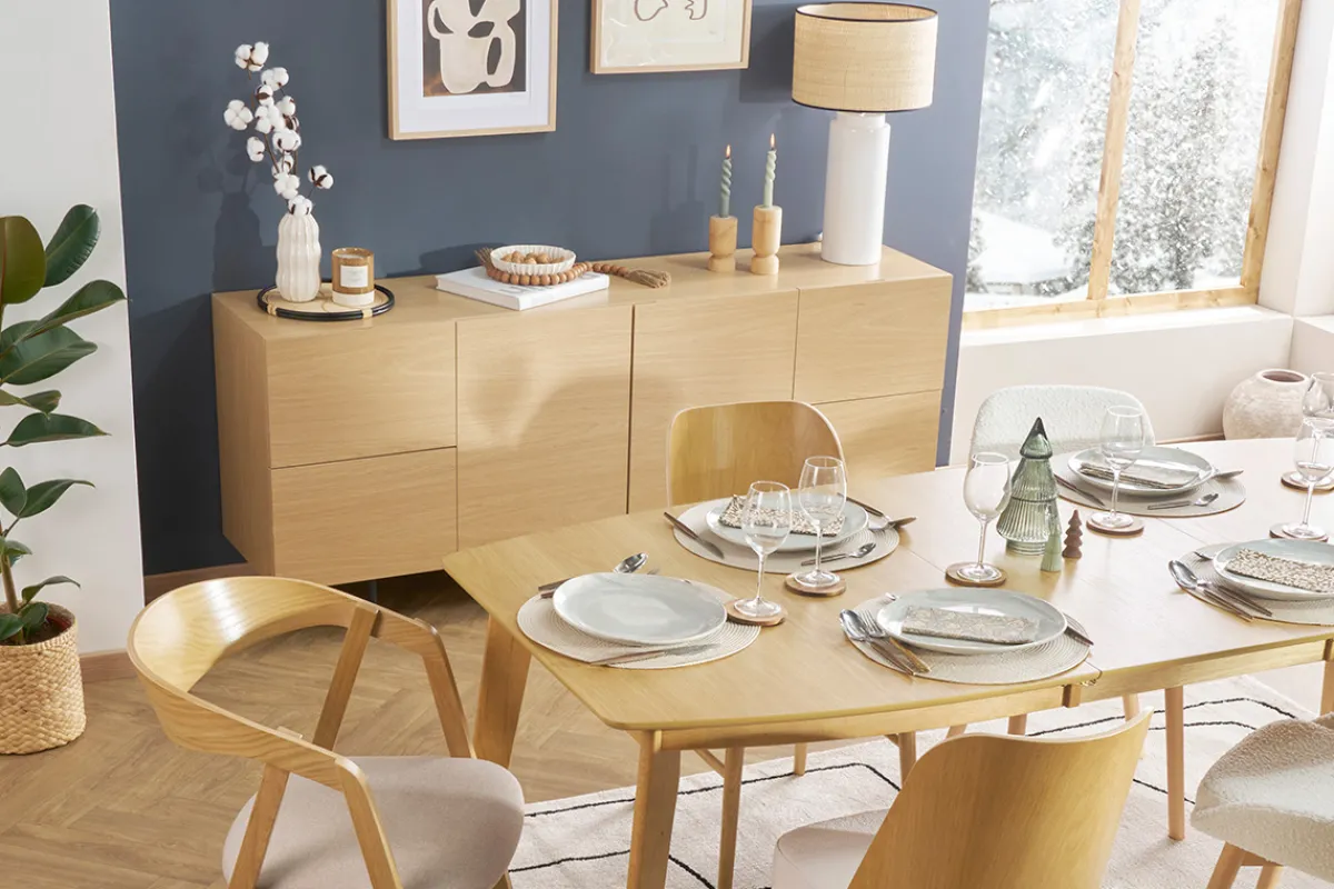 Miliboo Design-Sideboard aus hellem Eichenfurnier und schwarzem Metall, 2 Türen, 4 Schubladen B180 cm ALASKA* Sideboards