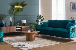 Miliboo Design-Sofa mit khakifarbenem Stoff im Samtdesign und schwarzem Metall 3-Sitzer JERRY* Design-sofas