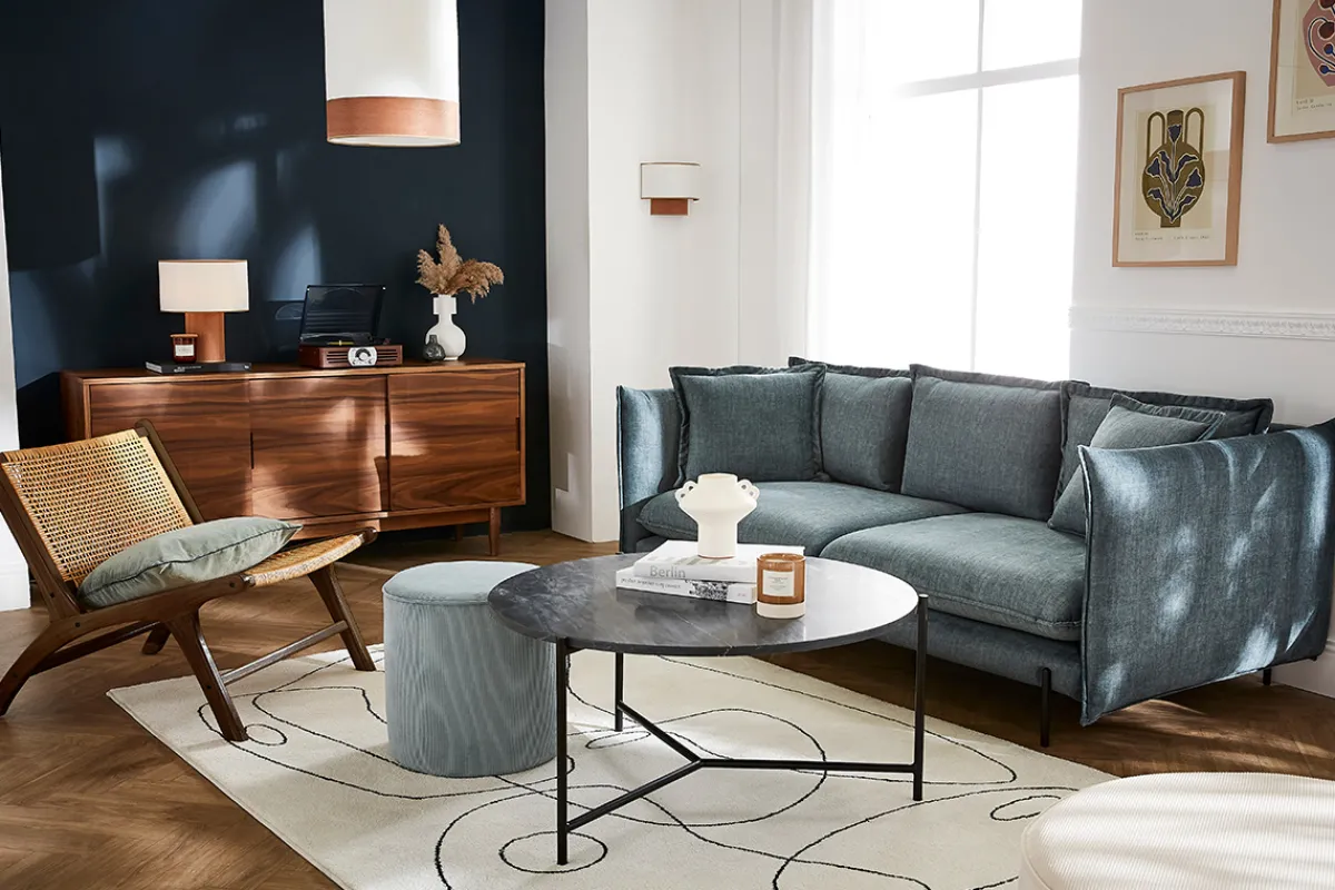 Miliboo Design-Sofa 3/4-Sitzer in blaugrauem Veloursstoff und schwarzem Metall ALMAR* Design-sofas