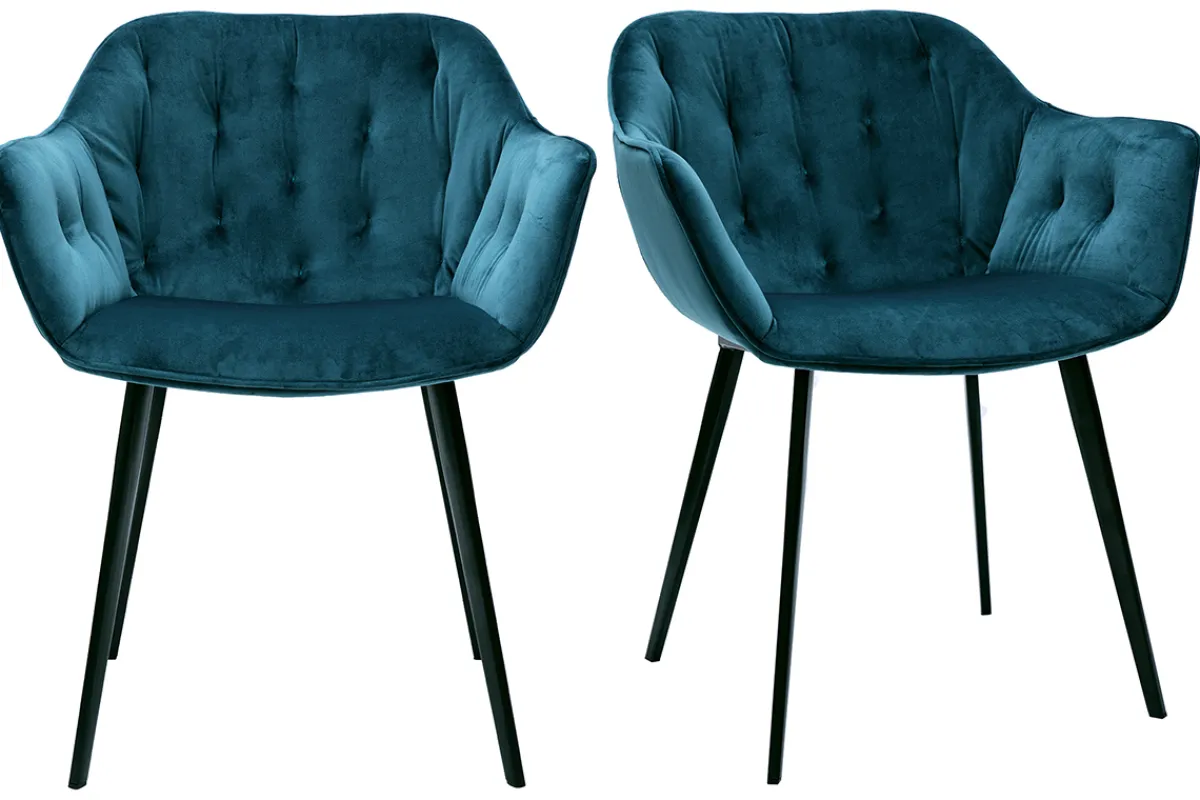Miliboo Design-Stühle aus petrolblauem Samt Stuhlbeine aus schwarzem Metall (2er-Set) BURTON* Design-stühle