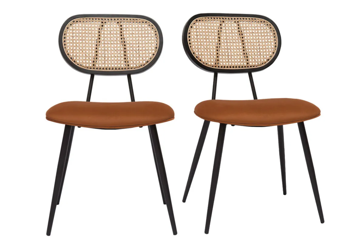 Miliboo Design-Stühle aus rotbraunem Samtstoff, schwarzem Metall und naturfarbenem Rattangeflecht (2er-Set) TOLMA* Design-stühle