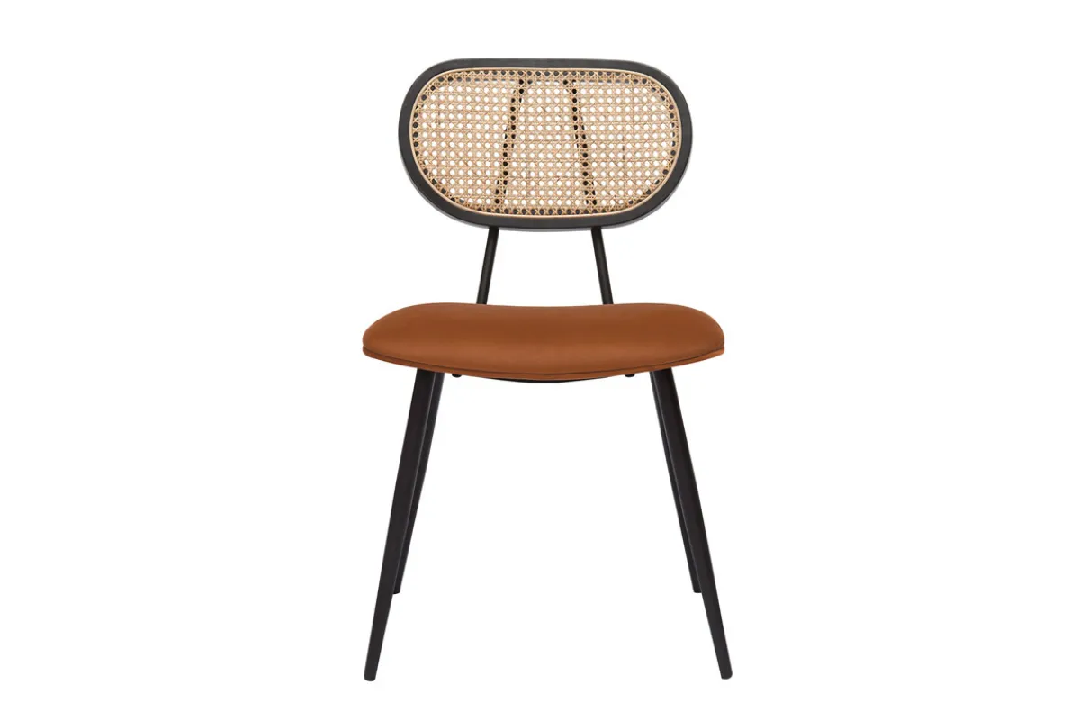 Miliboo Design-Stühle aus rotbraunem Samtstoff, schwarzem Metall und naturfarbenem Rattangeflecht (2er-Set) TOLMA* Design-stühle