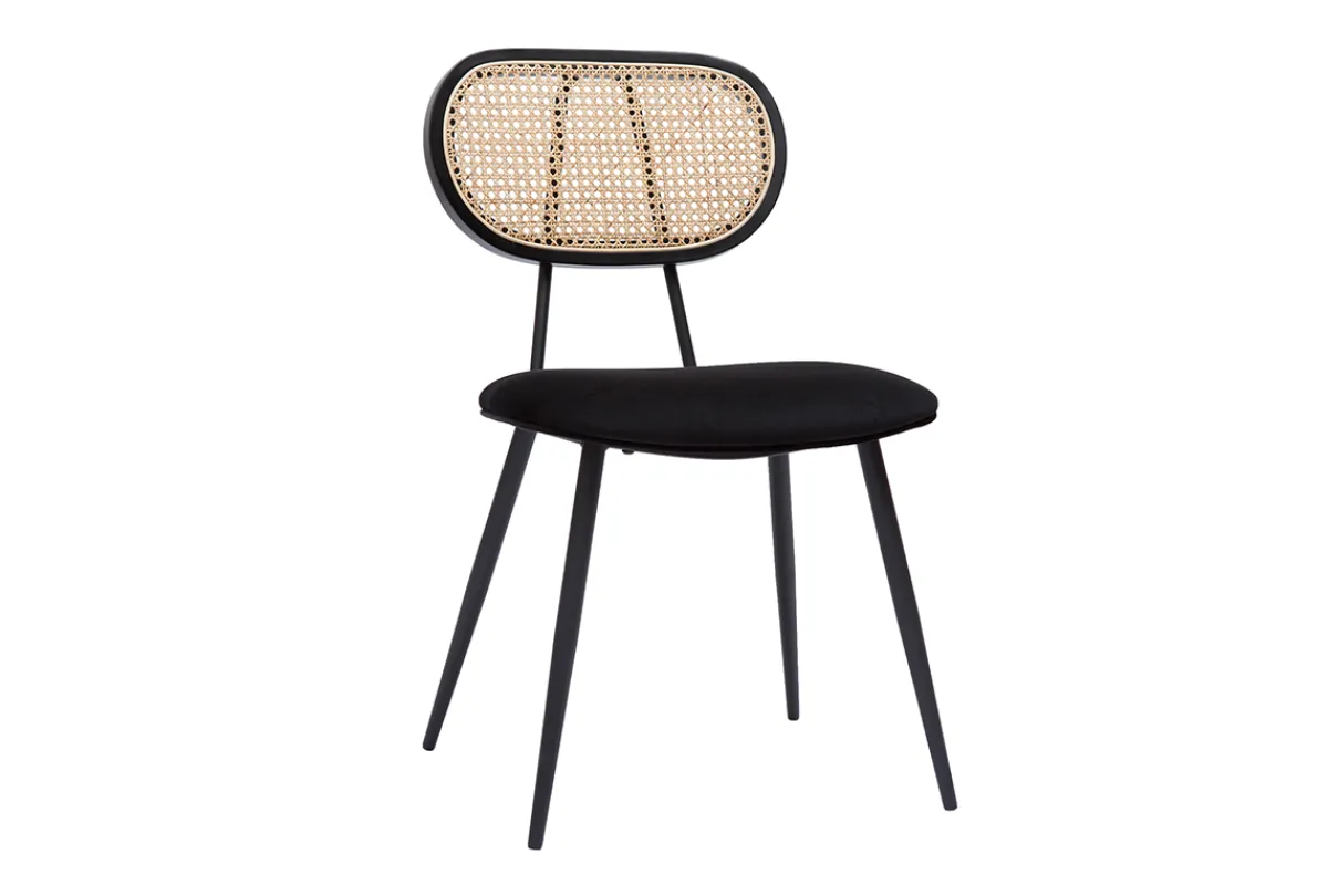 Miliboo Design-Stühle aus schwarzem Samtstoff, Metall und naturfarbenem Rattangeflecht (2er-Set) TOLMA* Design-stühle