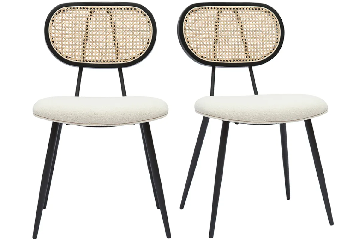 Miliboo Design-Stühle aus Stoff mit Wolleffekt in Off-White, schwarzem Metall und naturfarbenem Rattangeflecht (2er-Set) TOLMA* Design-stühle