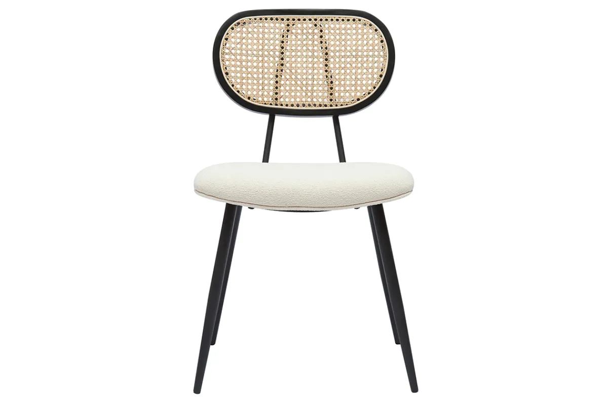 Miliboo Design-Stühle aus Stoff mit Wolleffekt in Off-White, schwarzem Metall und naturfarbenem Rattangeflecht (2er-Set) TOLMA* Design-stühle