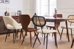 Miliboo Design-Stühle aus Stoff mit Wolleffekt in Off-White, schwarzem Metall und naturfarbenem Rattangeflecht (2er-Set) TOLMA* Design-stühle