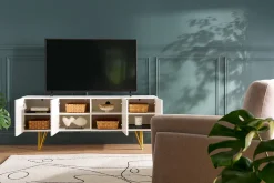 Miliboo Design-TV-Möbel mit weißer Gravur und goldfarbenem Metall B140 cm OZEN* Tv-lowboards