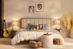 Miliboo Doppelbett 160x200 cm aus hellem Holz und hellgrauem Stoff RONN* Betten Für Erwachsene