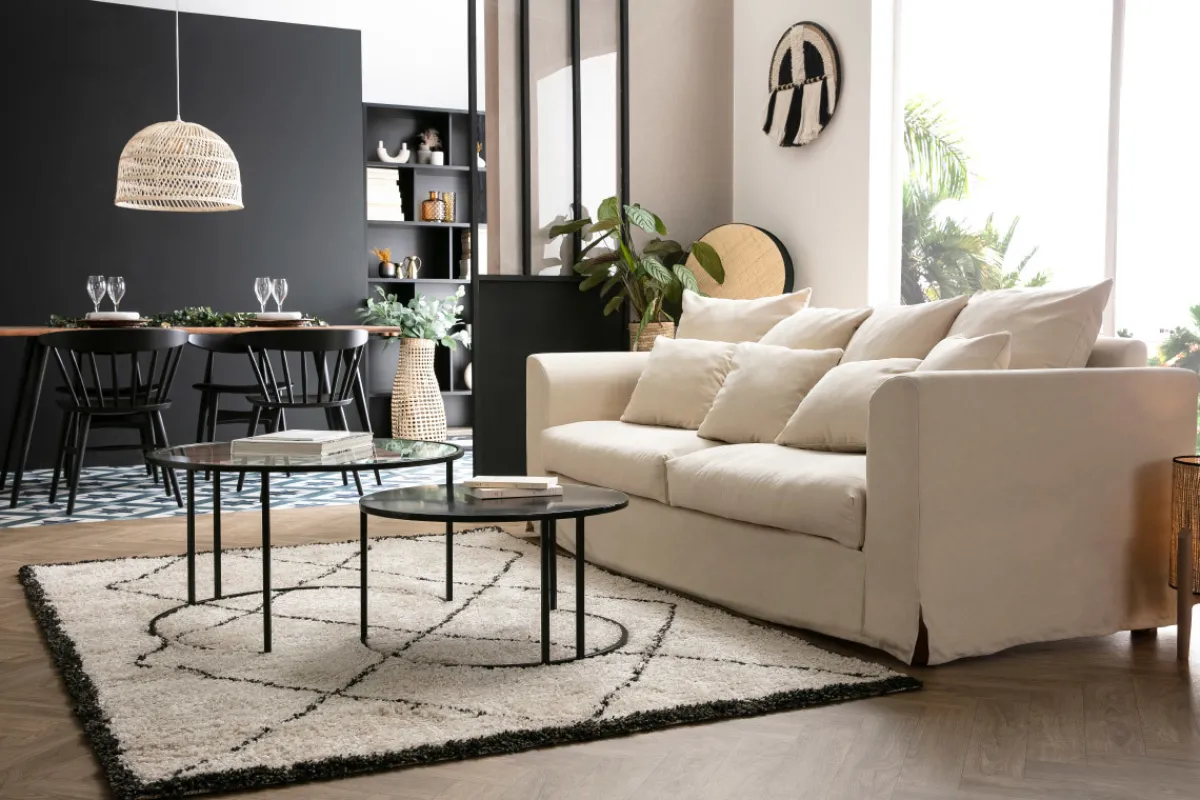 Miliboo Dreisitzer-Sofa skandinavisch aus leinfarbenem Stoff mit abnehmbarem Bezug FEVER* Design-sofas