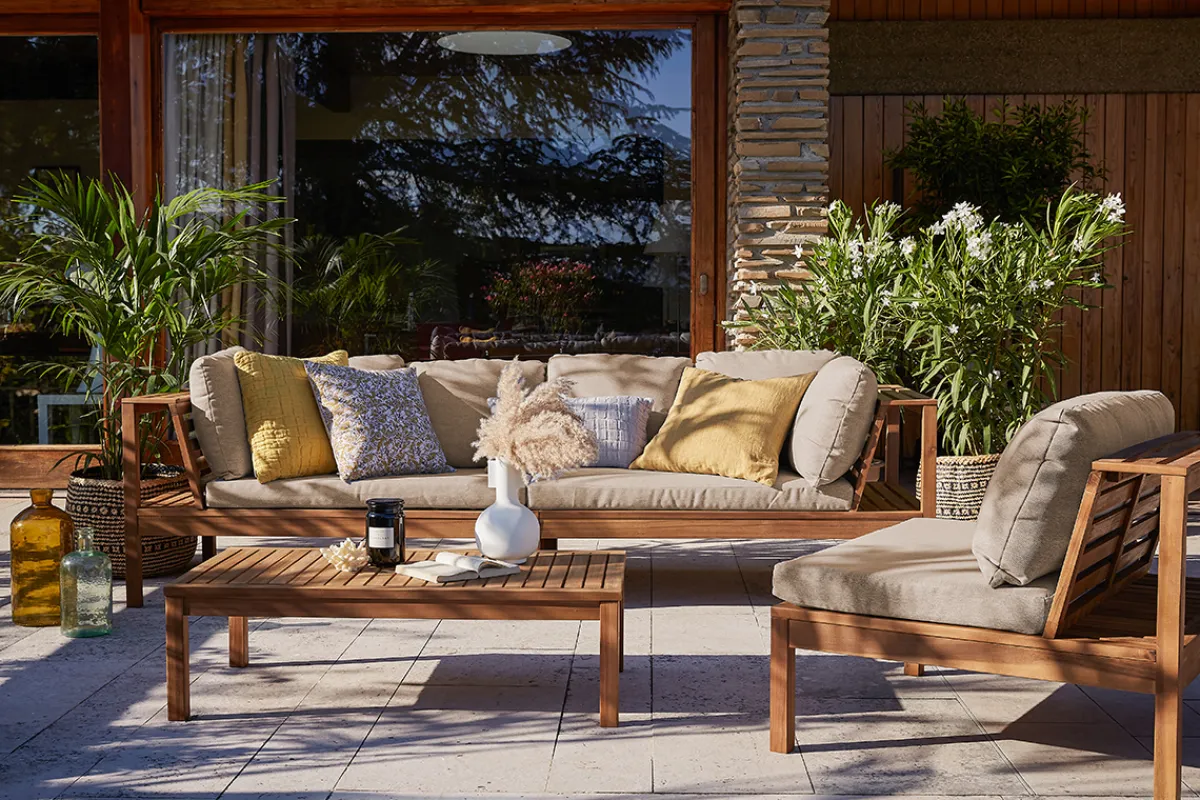 Miliboo Eck-Gartenmöbel aus Massivholz mit abziehbaren Kissen in Taupe BELIZE* Garten Lounge-möbel