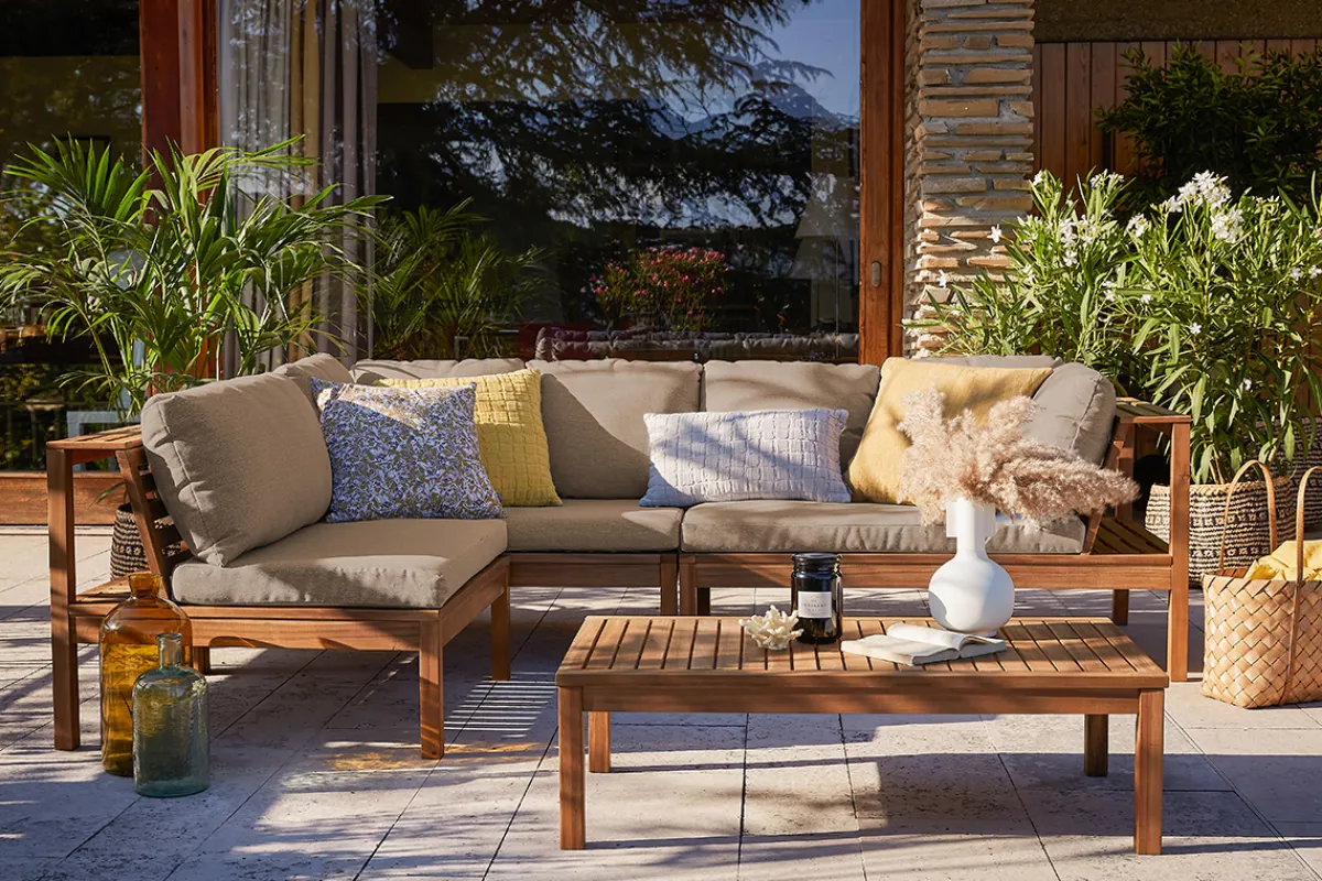 Miliboo Eck-Gartenmöbel aus Massivholz mit abziehbaren Kissen in Taupe BELIZE* Garten Lounge-möbel