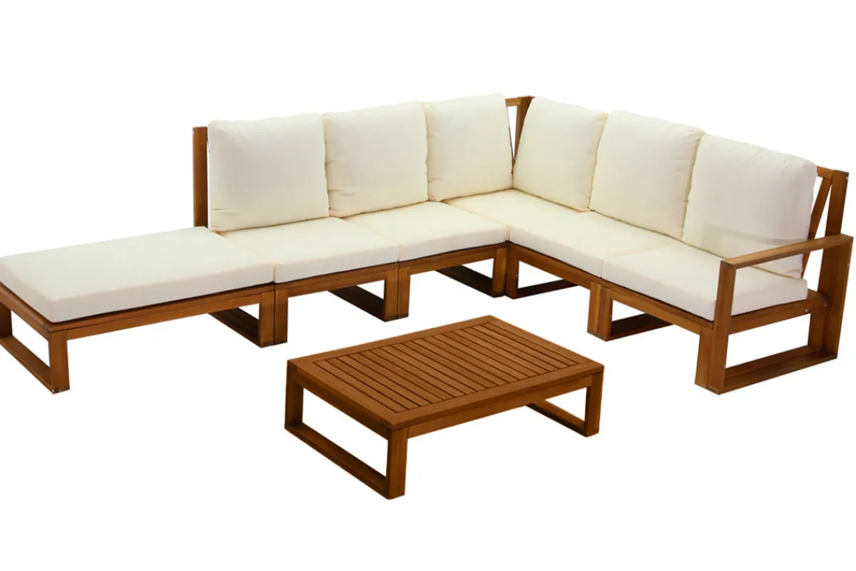 Miliboo Eck-Gartenmöbel aus Massivholz mit abziehbaren Kissen in Beige 6/8-Sitzer SALSA* Garten Lounge-möbel