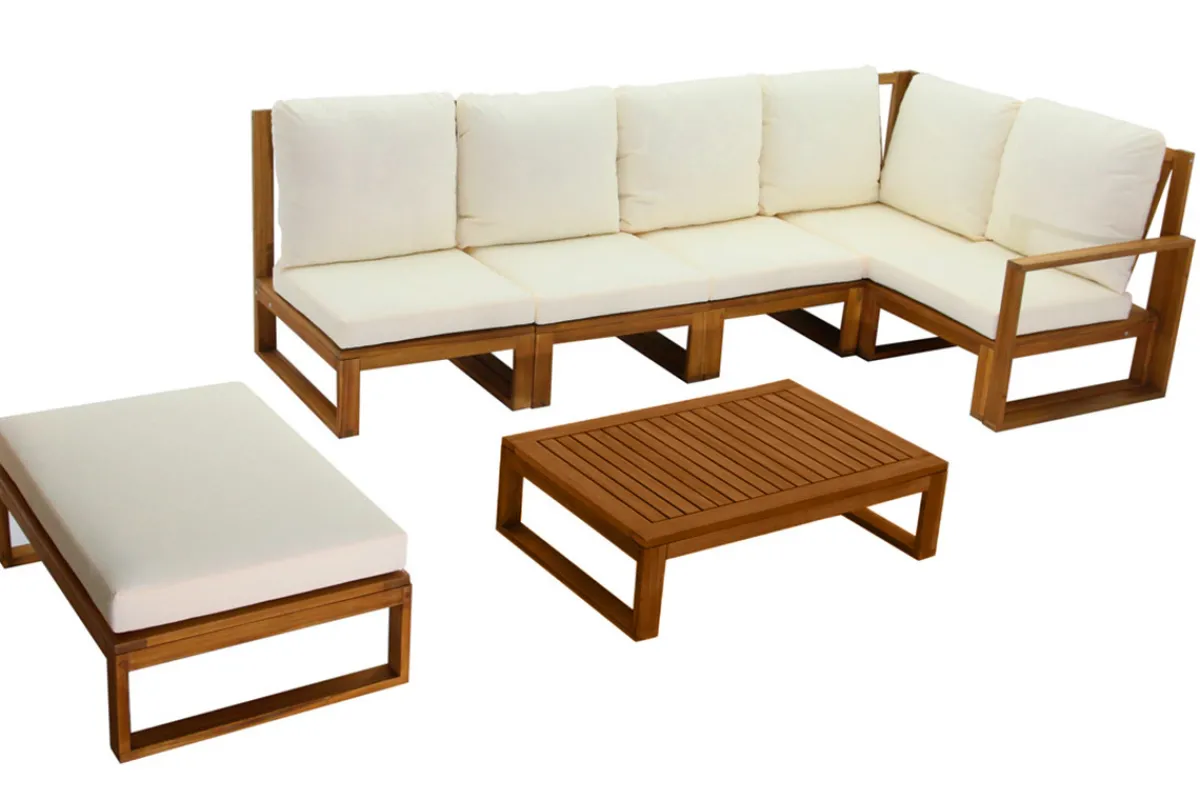Miliboo Eck-Gartenmöbel aus Massivholz mit abziehbaren Kissen in Beige 6/8-Sitzer SALSA* Garten Lounge-möbel
