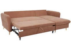 Miliboo Eck-Schlafsofa mit Stauraum 3/4-Sitzer Stoff in Terracotta und helles Holz DRISS* Schlafsofas|Ecksofas