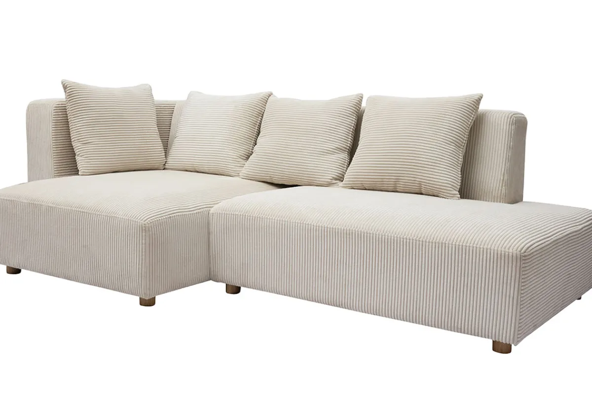 Miliboo Ecksofa links 3-Sitzer aus beigem Cord-Flachgewebe und hellem Holz HARLEM* Ecksofas