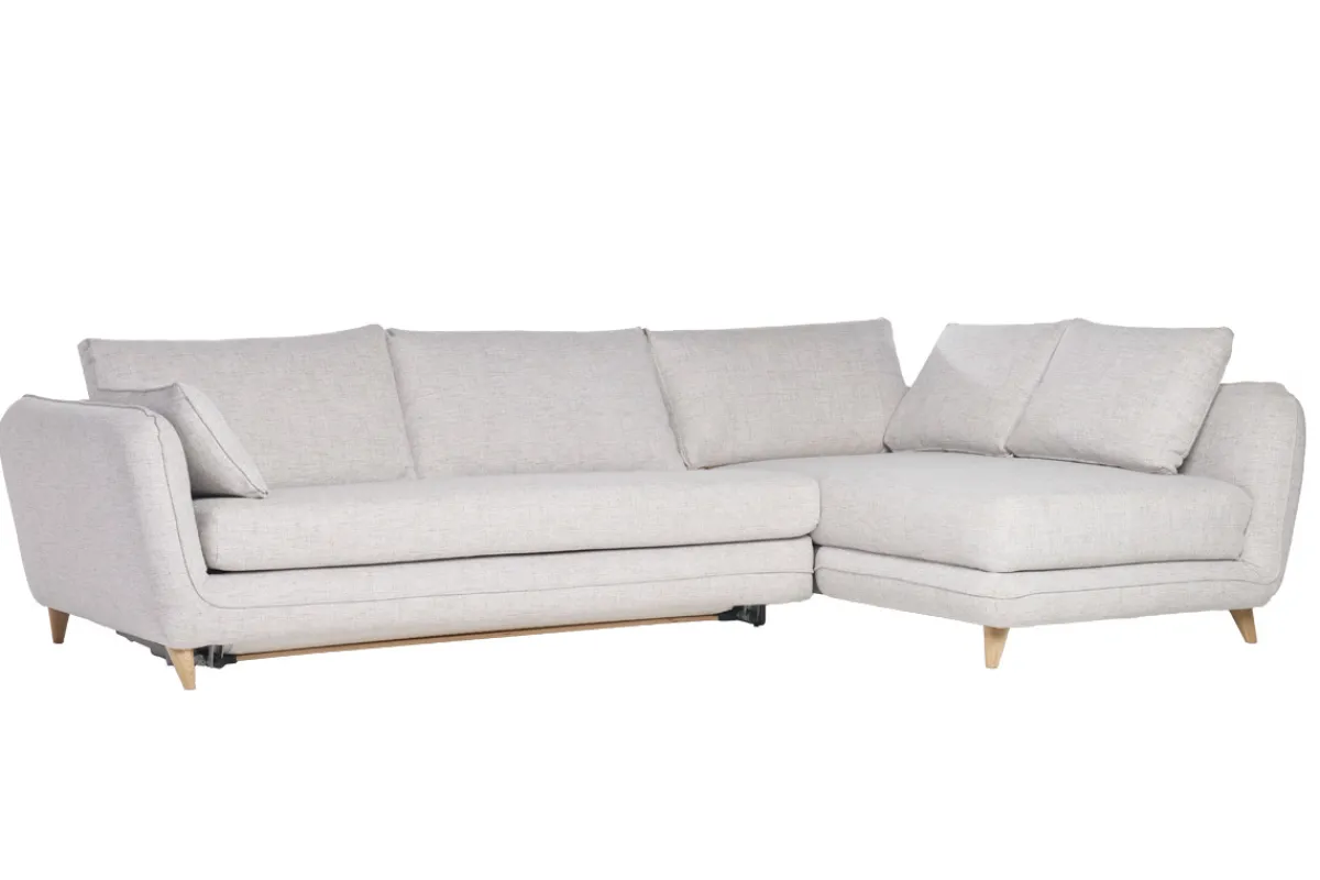 Miliboo Ecksofa mit 5 Sitzplätzen, umwandelbar, skandinavisches Design, in hellgrauem meliertem Stoff und hellem Holz CREEP* Schlafsofas|Ecksofas