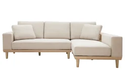 Miliboo Ecksofa rechts 5-Sitzer mit Stauraum beiger Stoff mit strukturiertem Samteffekt und helles Holz KOMAO* Ecksofas